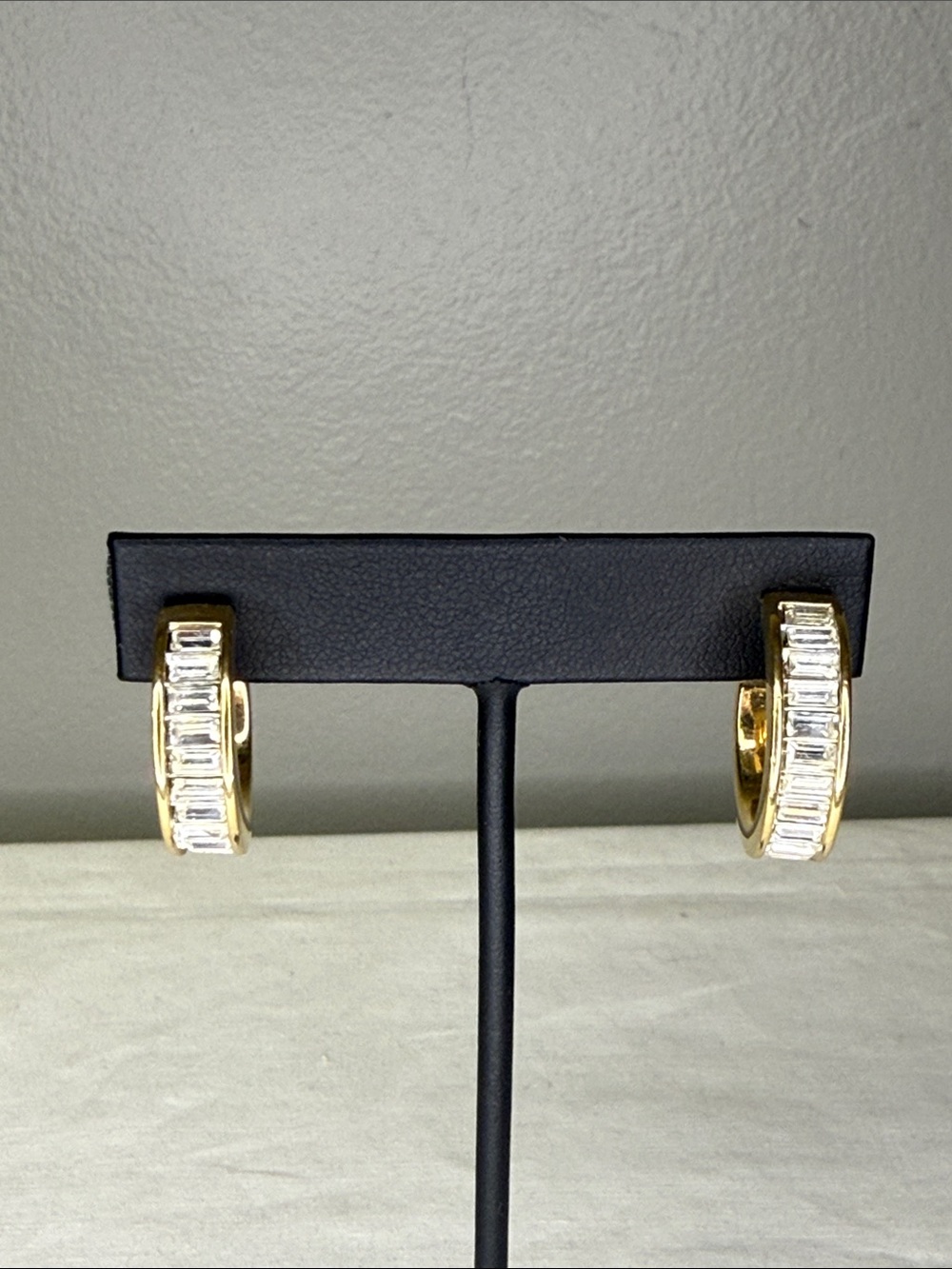 Swarovski Gold Tone Baguette Crystal Hoop Earrings 1"
